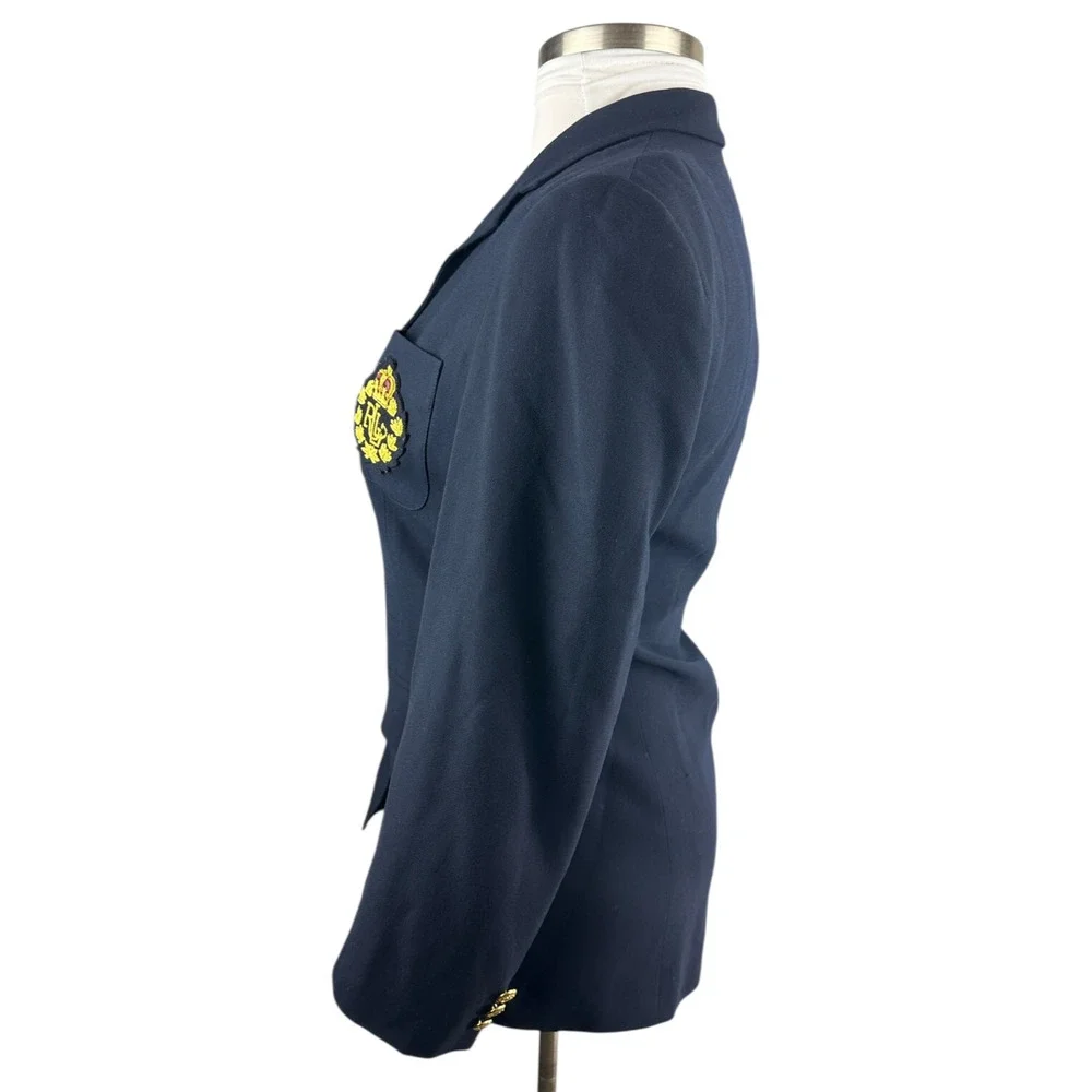 *Flaw Lauren Ralph Lauren Crown Crest 100% Wool Blazer Jacket Navy Womens Size 6 - Picture 2 of 16